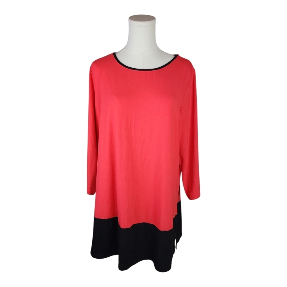Susan Graver 1X Pink Black Colorblock Tunic Top Stretch Knit 3/4 Sleeve Blouse